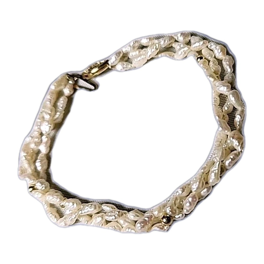 14K Gold & Fresh‎ Water Pearl Bracelet 7.25" 3-Strands W/Gold Beads & 4mm Pearl
